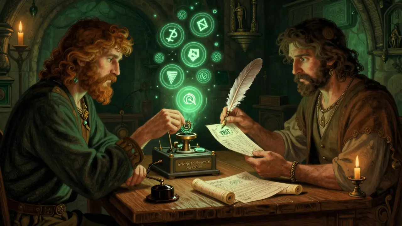 Two traders at a wooden table exchanging tokens for glowing TPST receipts in a candlelit crypto exchange.