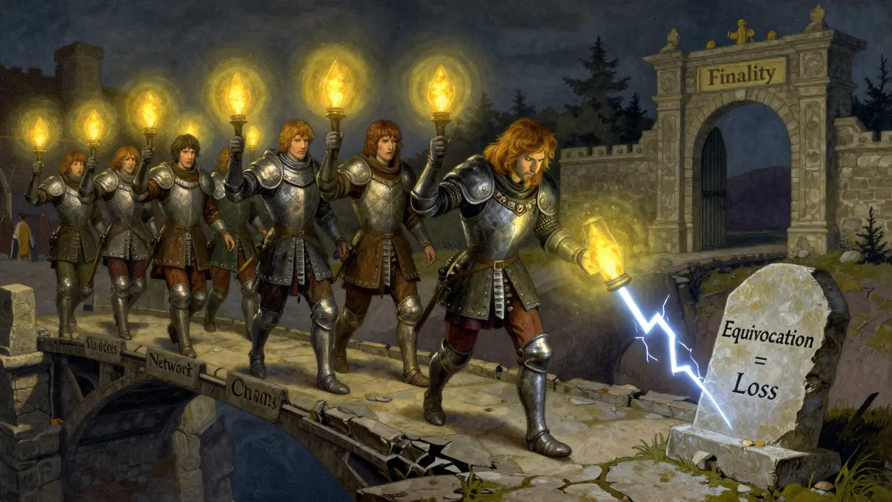 Validators on a crumbling bridge, choosing between chaos and finality under a warning of equivocation.