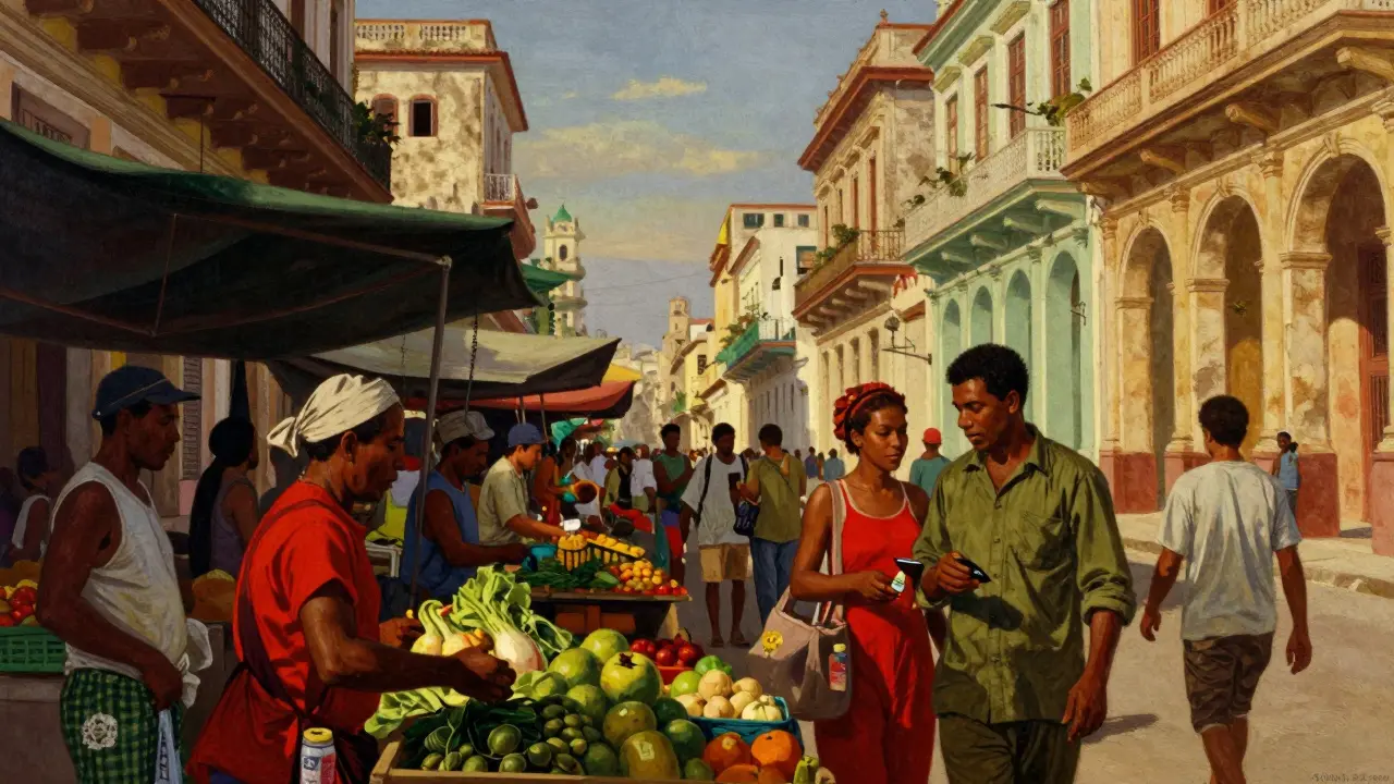 Vibrant Havana market scene with vendors and customers trading.