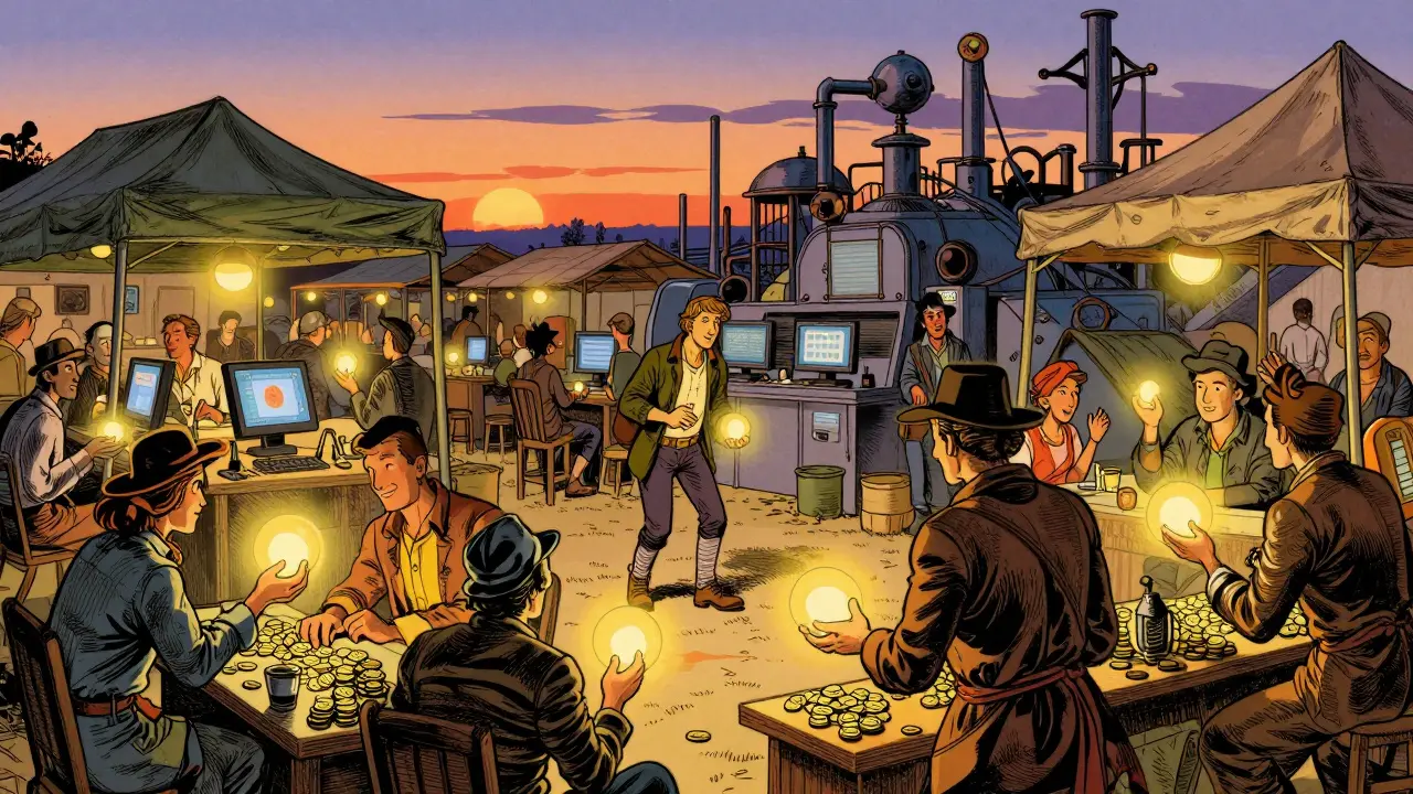 Vibrant marketplace trading with glowing orbs illustration