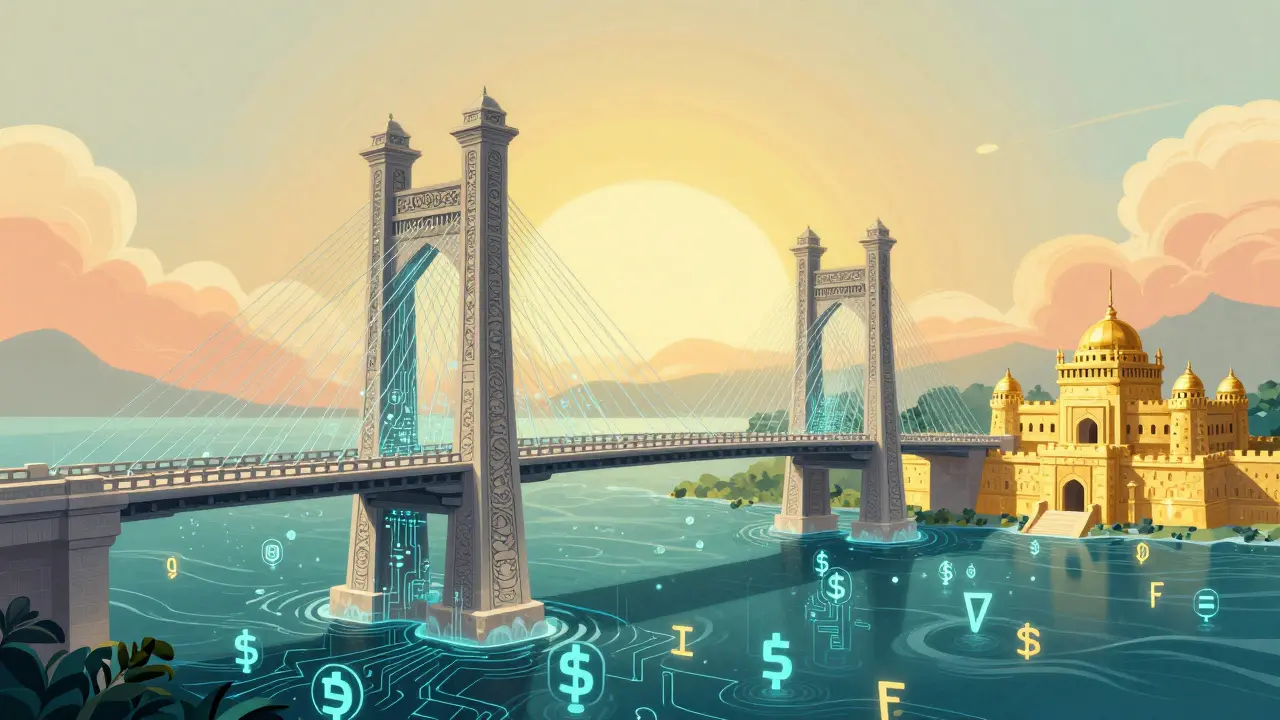 A conceptual digital bridge connecting volatile cryptocurrencies to a stable Digital Rupiah fortress