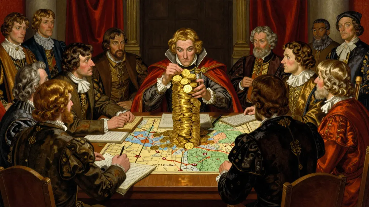 A council meeting where one person uses a majority of gold tokens to dominate a decision.