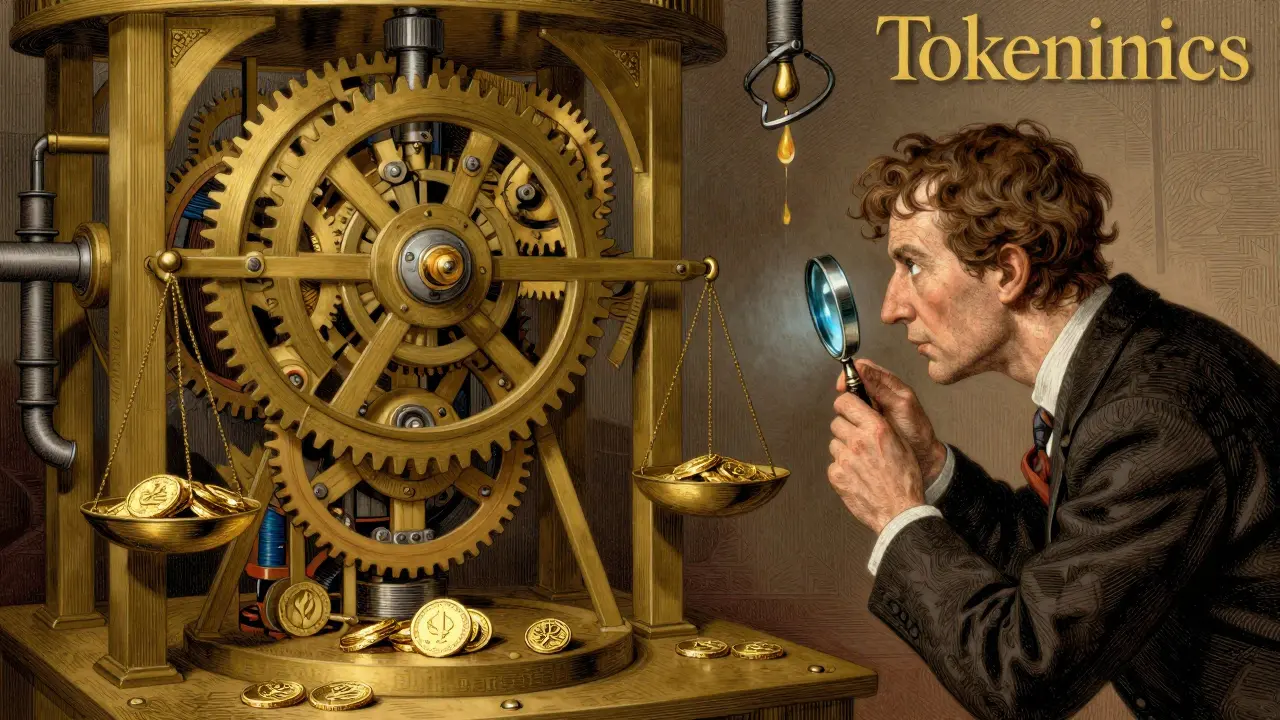 A detailed mechanical gold clockwork representing cryptocurrency tokenomics.