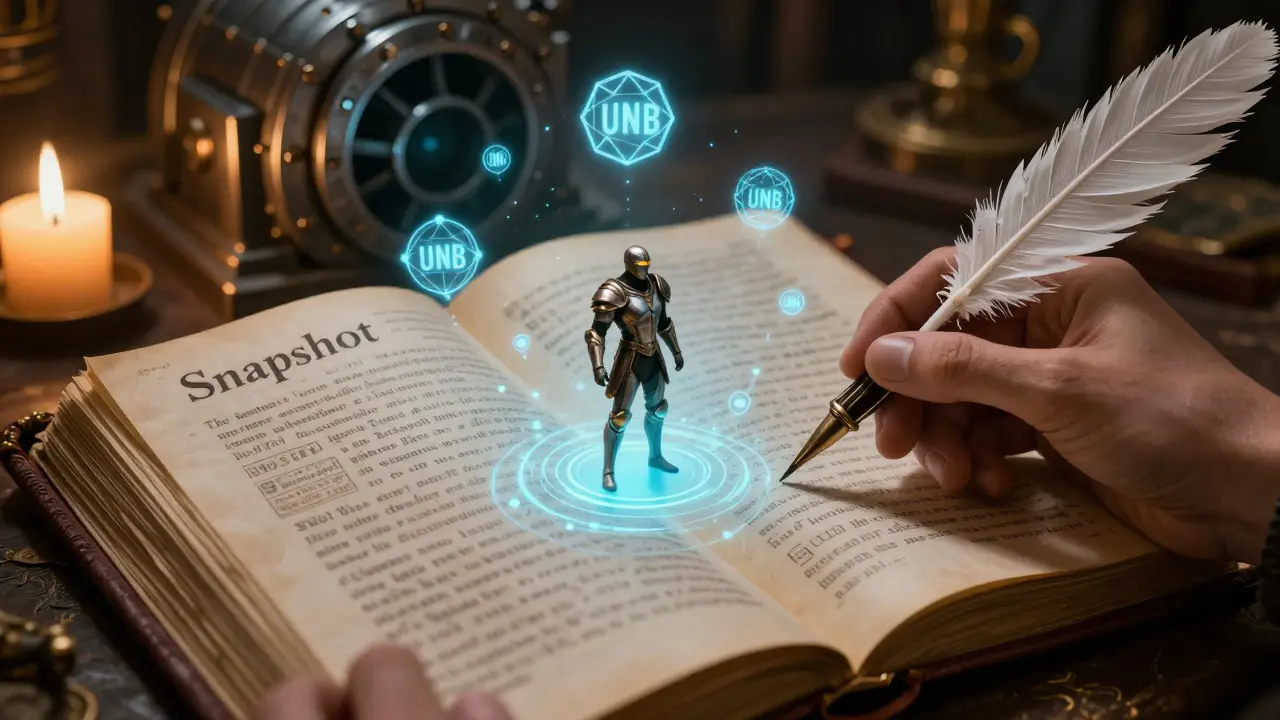 A digital snapshot of tokens and a superhero NFT rising from an ancient ledger.