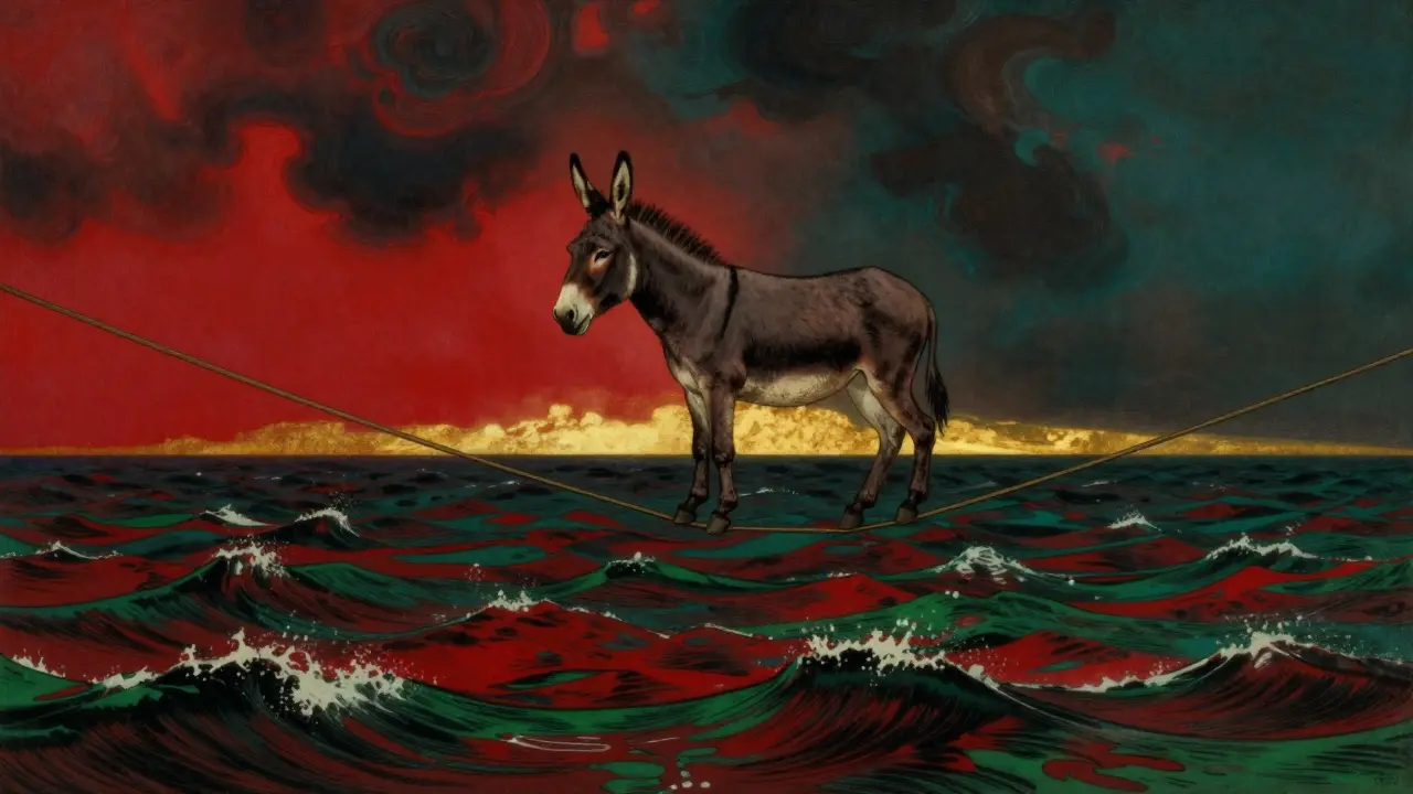 A donkey balancing on a tightrope above a stormy sea of red and green waves.