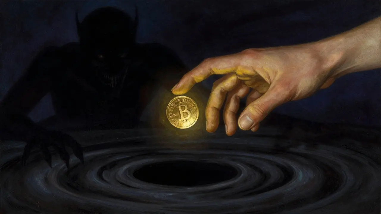 A hand reaching for a glowing coin above a dark, menacing void