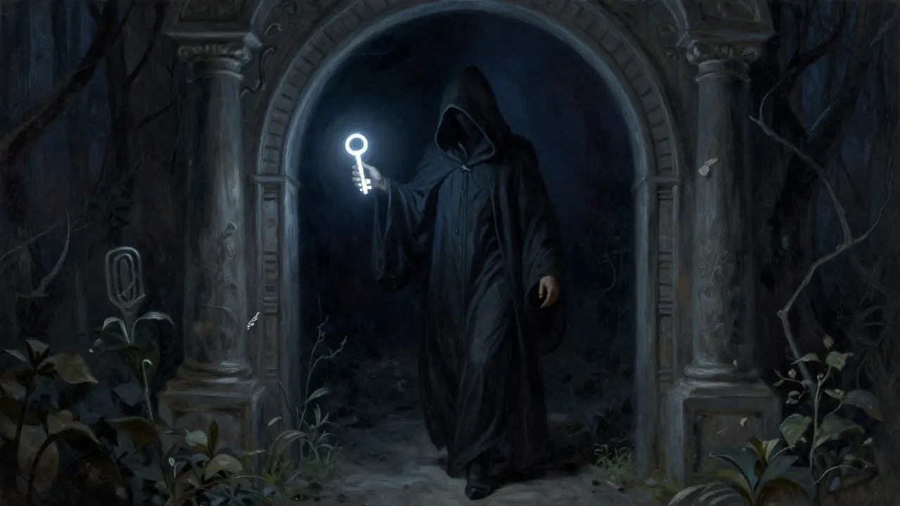 A hooded figure using a glowing key to enter a portal without checkpoints.
