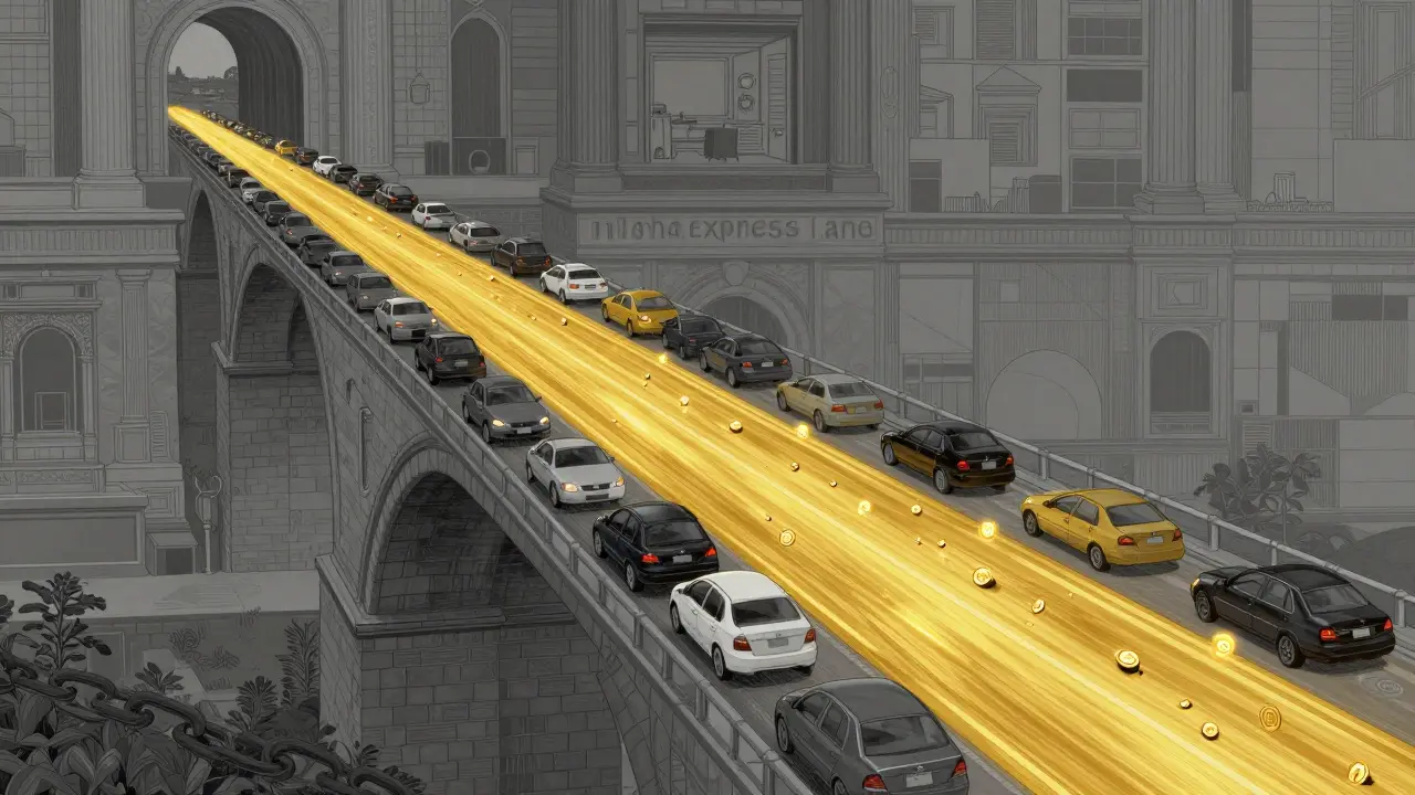 A luminous golden express lane bypassing a congested stone bridge with flowing coins.