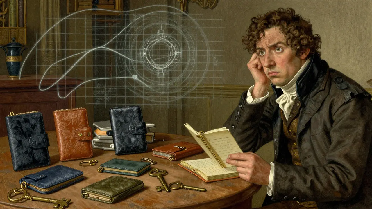 A man looking at various hardware wallets and keys on a rustic table