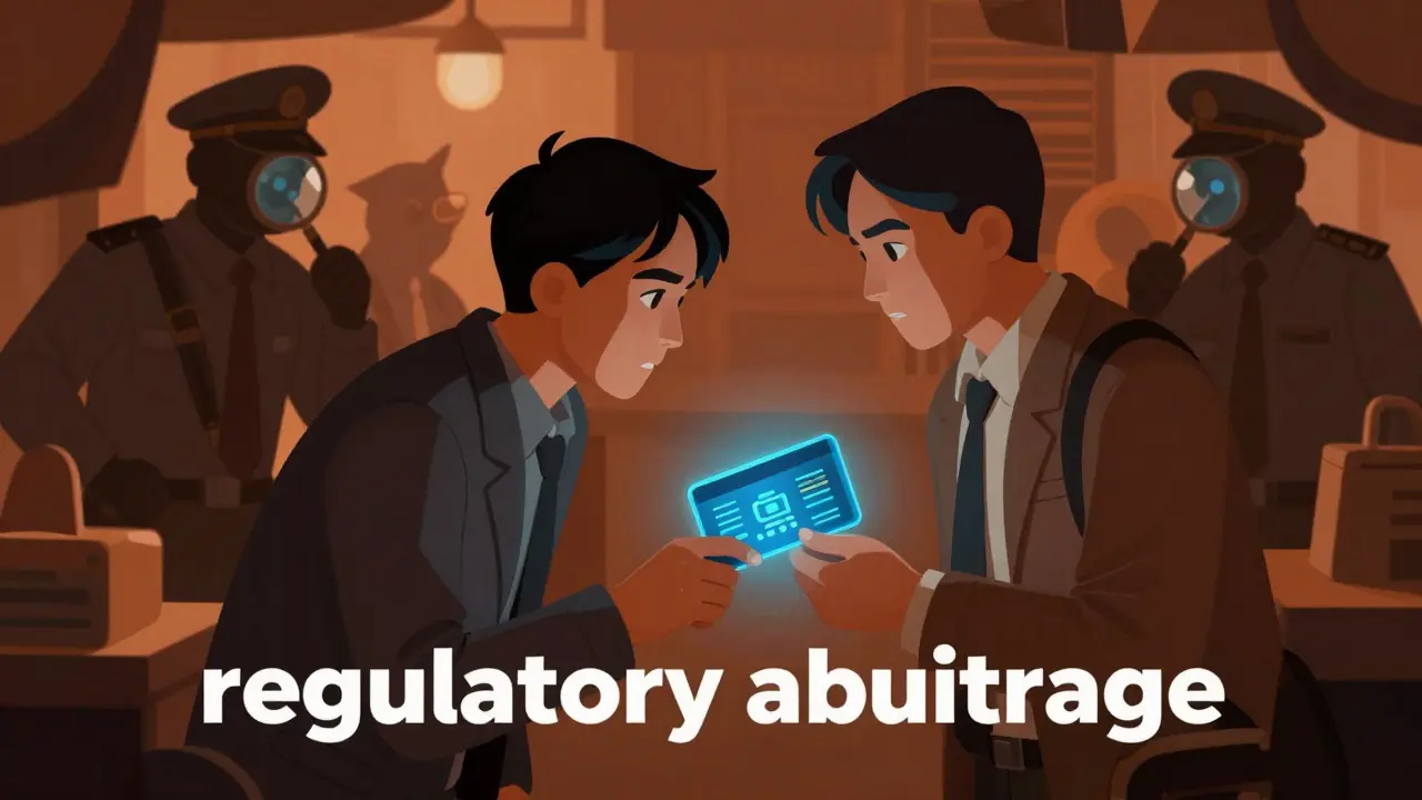 A merchant and customer secretly exchanging cryptocurrency for gift cards in a dim marketplace