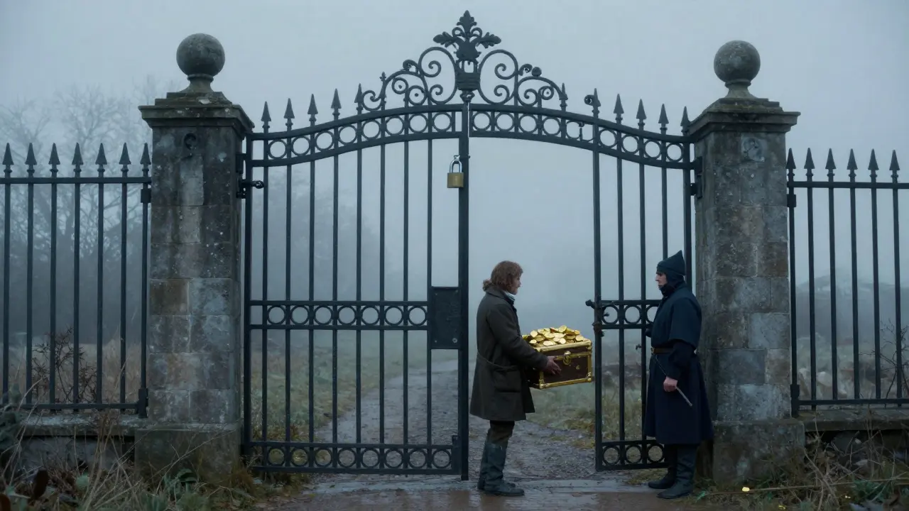 A person at a large iron gate being asked for a gold toll by a guard in a misty landscape.