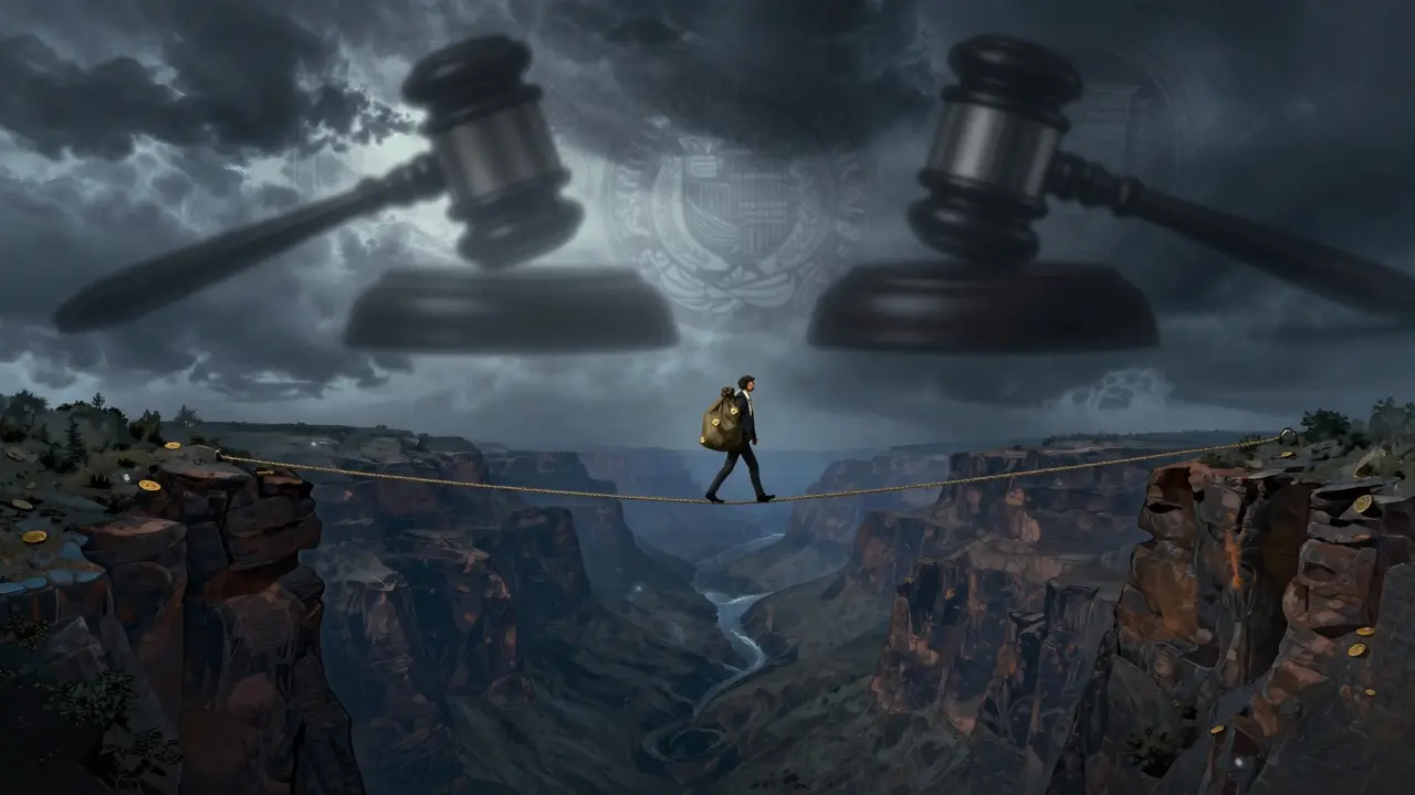 A person balancing on a high wire over a stormy canyon under a dark cloud.