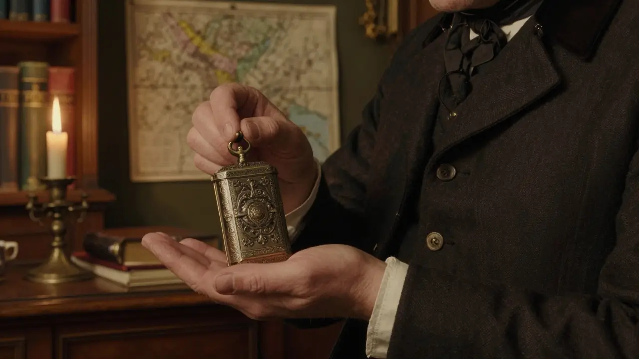 A person in a historic study securely holding a hardware wallet, symbolizing the right to self-custody.