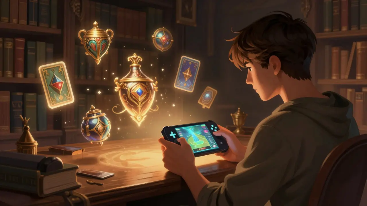 A person playing a handheld game surrounded by floating digital treasure and NFTs.