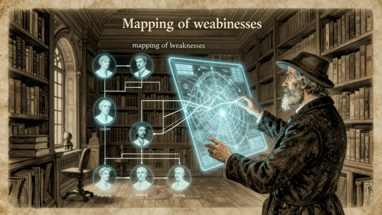 A person using a glowing map to analyze an organization's hierarchy in a grand library.