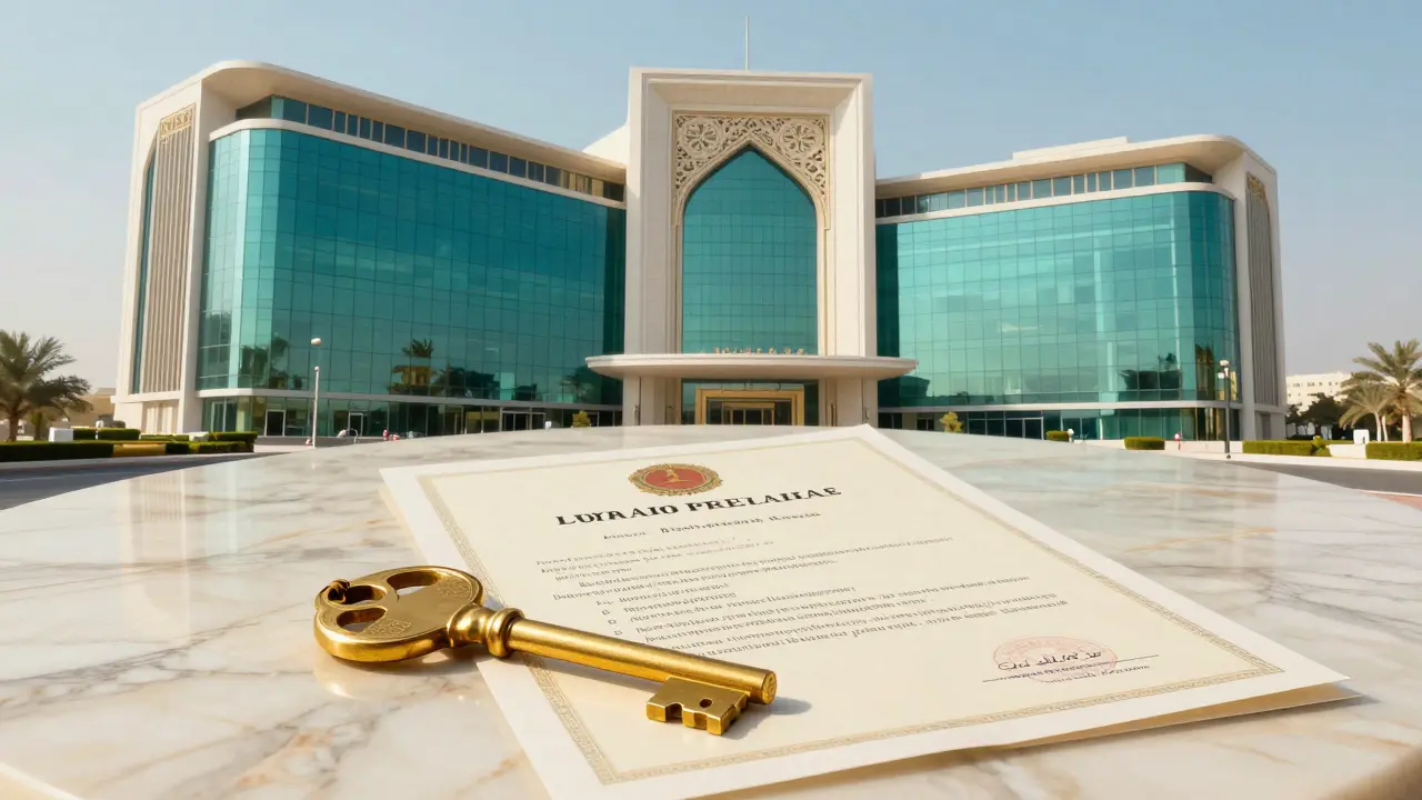 A professional office setting in a UAE free zone with a symbolic license and golden key.