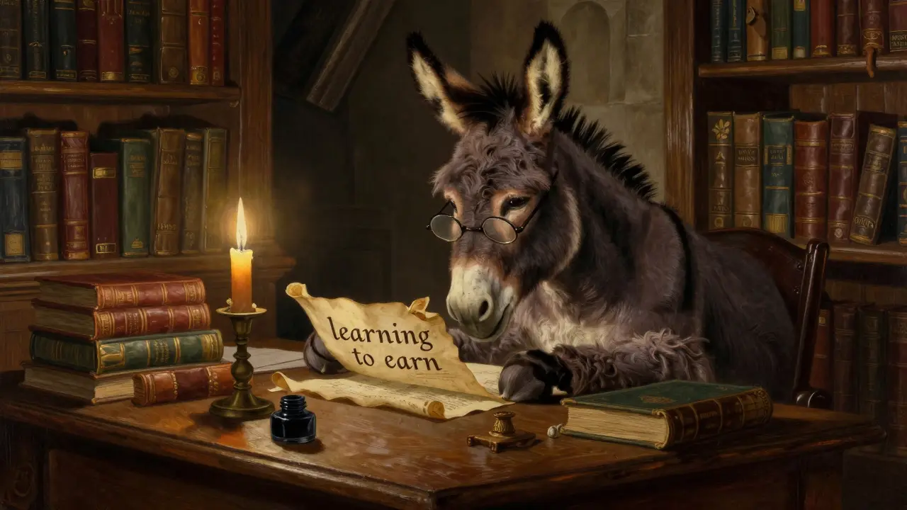 A scholarly donkey with glasses studying a scroll in a candlelit medieval library.