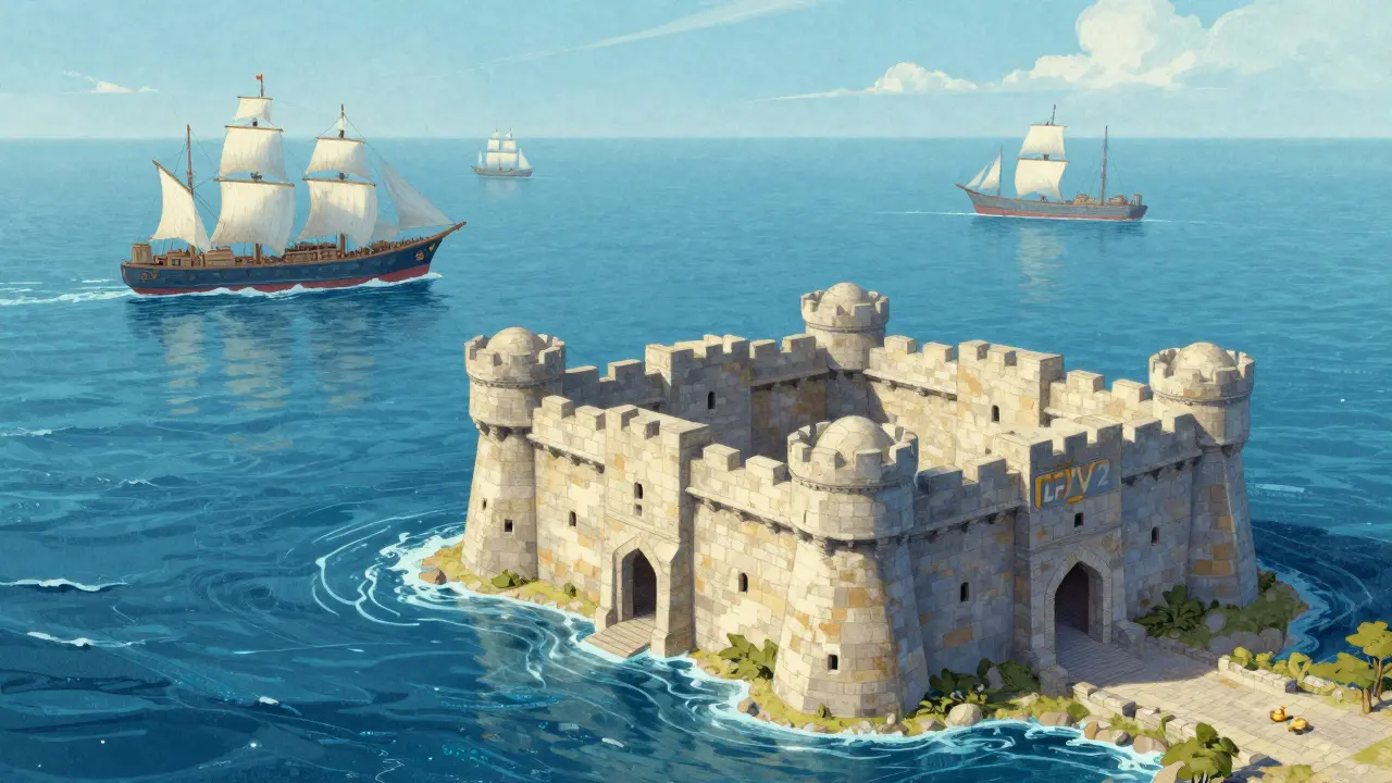 A small, stable stone fortress situated on a vast blue digital ocean.
