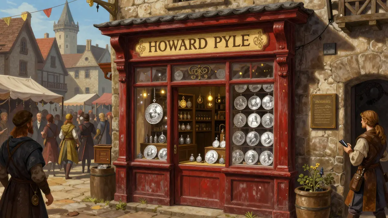 A specialized boutique shop with silver coins in a busy medieval marketplace.