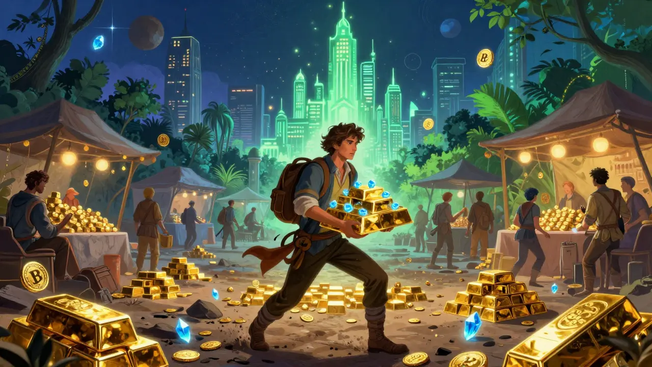 A trader bridging a desolate wasteland to a glowing futuristic city of light.