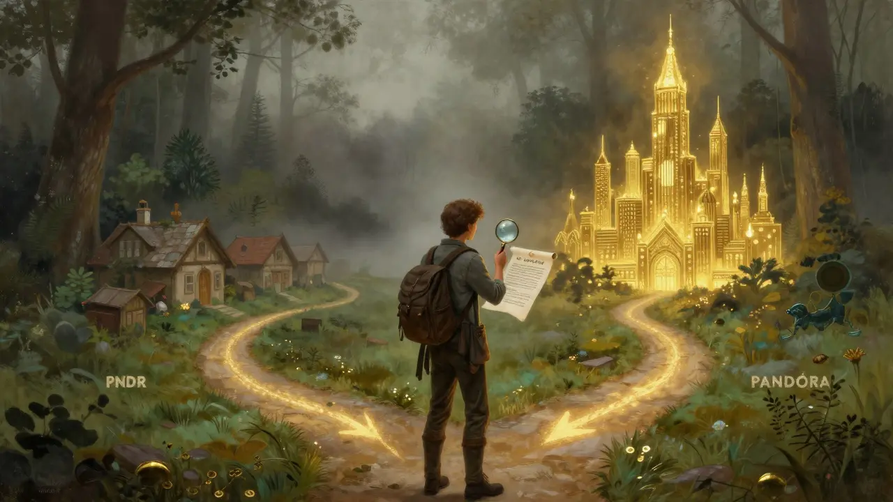 A traveler at a misty crossroads comparing two different glowing paths.