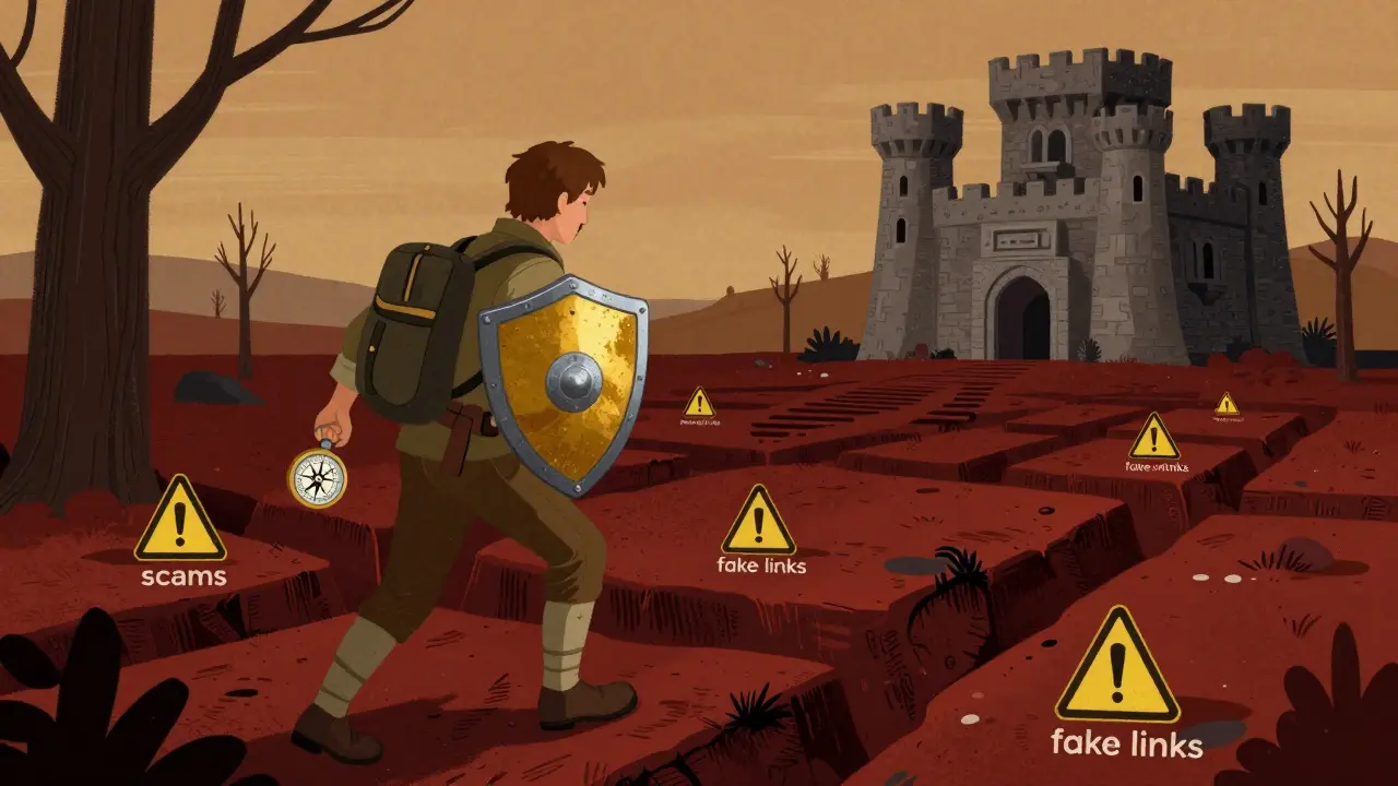 A traveler carefully navigating digital traps to reach a secure hardware wallet