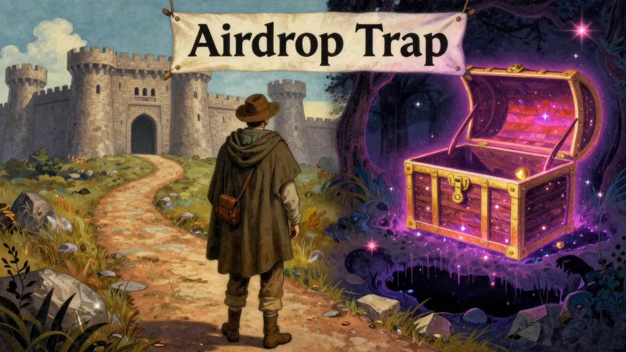 A traveler choosing between a secure fortress and a deceptive glittering mirage.