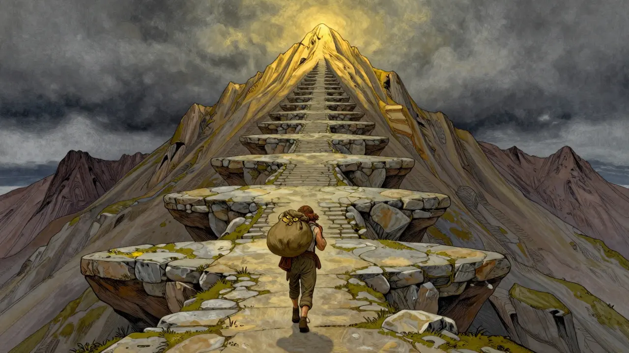 A traveler climbing a steep mountain with eleven stone tiers toward a glowing summit.