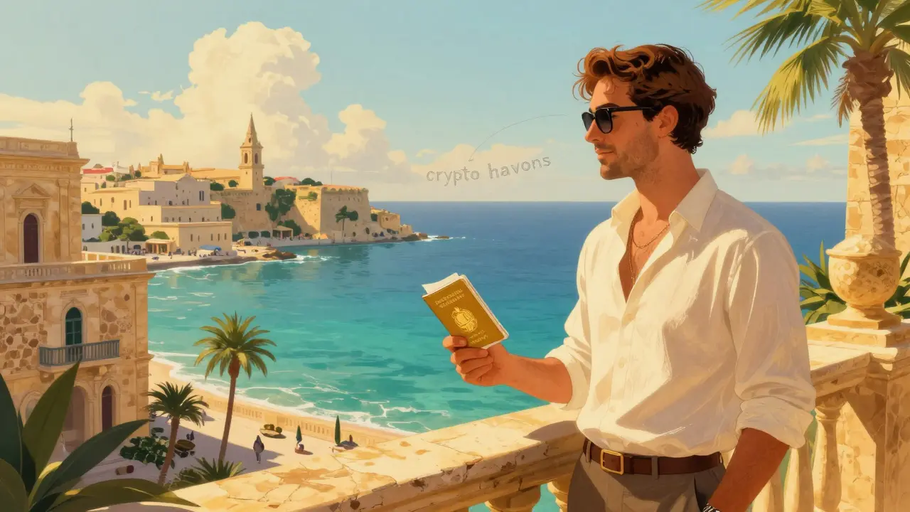 A traveler with a golden passport overlooking a sunny tropical coast
