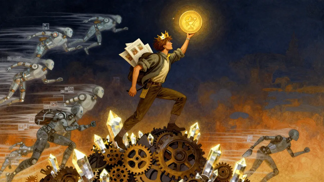 An artist climbing a mountain of gears to earn a golden reward token