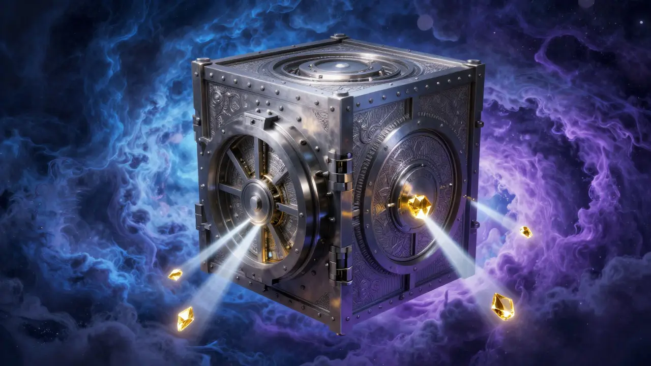 An ornate metallic security cube floating in a digital cloud nebula.