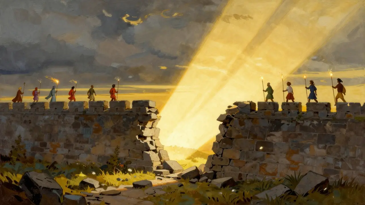 Broken stone wall letting dawn light through to global travelers.