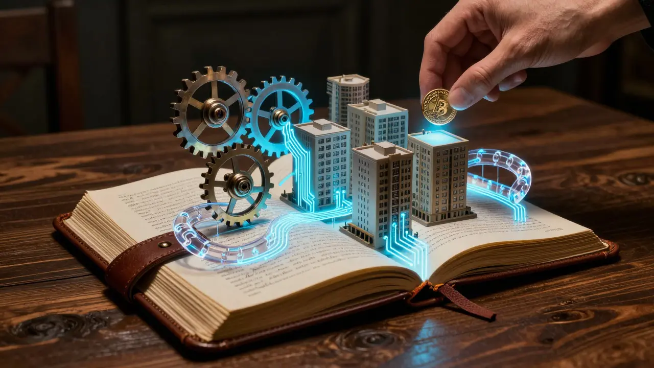 Detailed scene of a glowing blockchain ledger connected to a miniature property model.