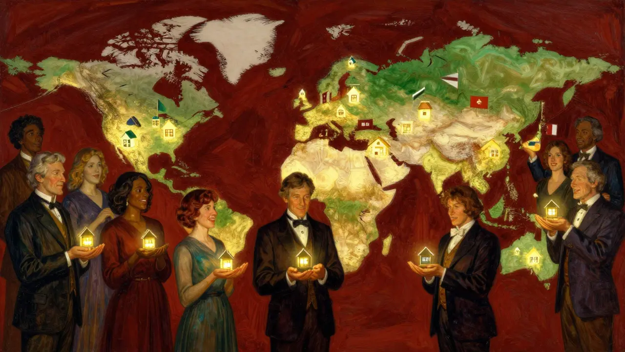 Group of global investors viewing a world map populated with tokenized real estate icons.