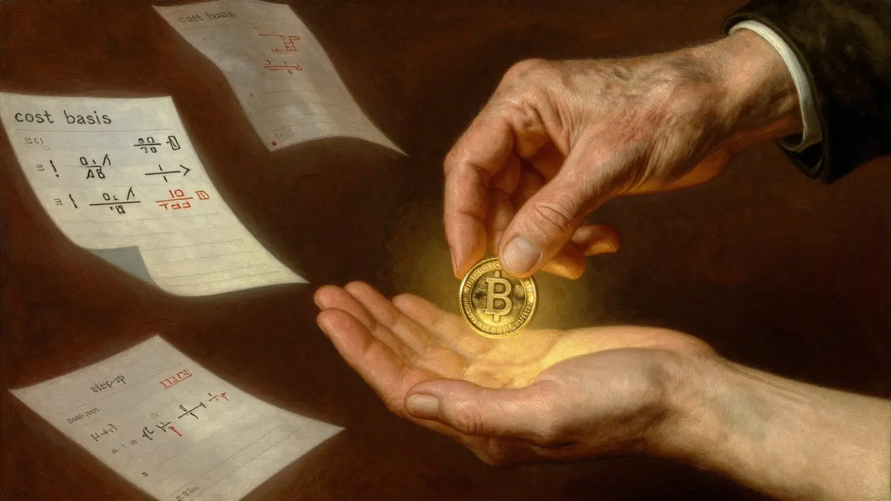 Hands transferring a glowing digital coin surrounded by financial ledgers