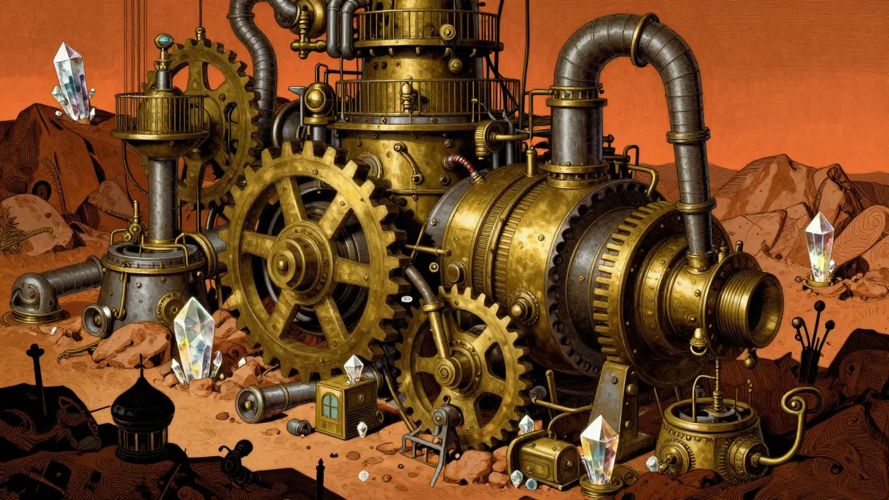 Intricate steampunk mining machinery with brass gears and crystals