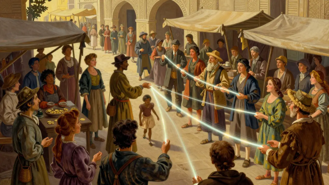 Market scene with light threads connecting diverse traders, Howard Pyle style.