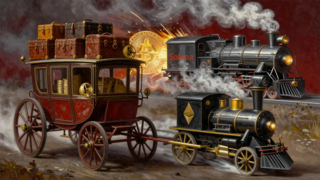 Metaphorical representation of Bitcoin, Ethereum, and Solana nodes as different vintage vehicles.