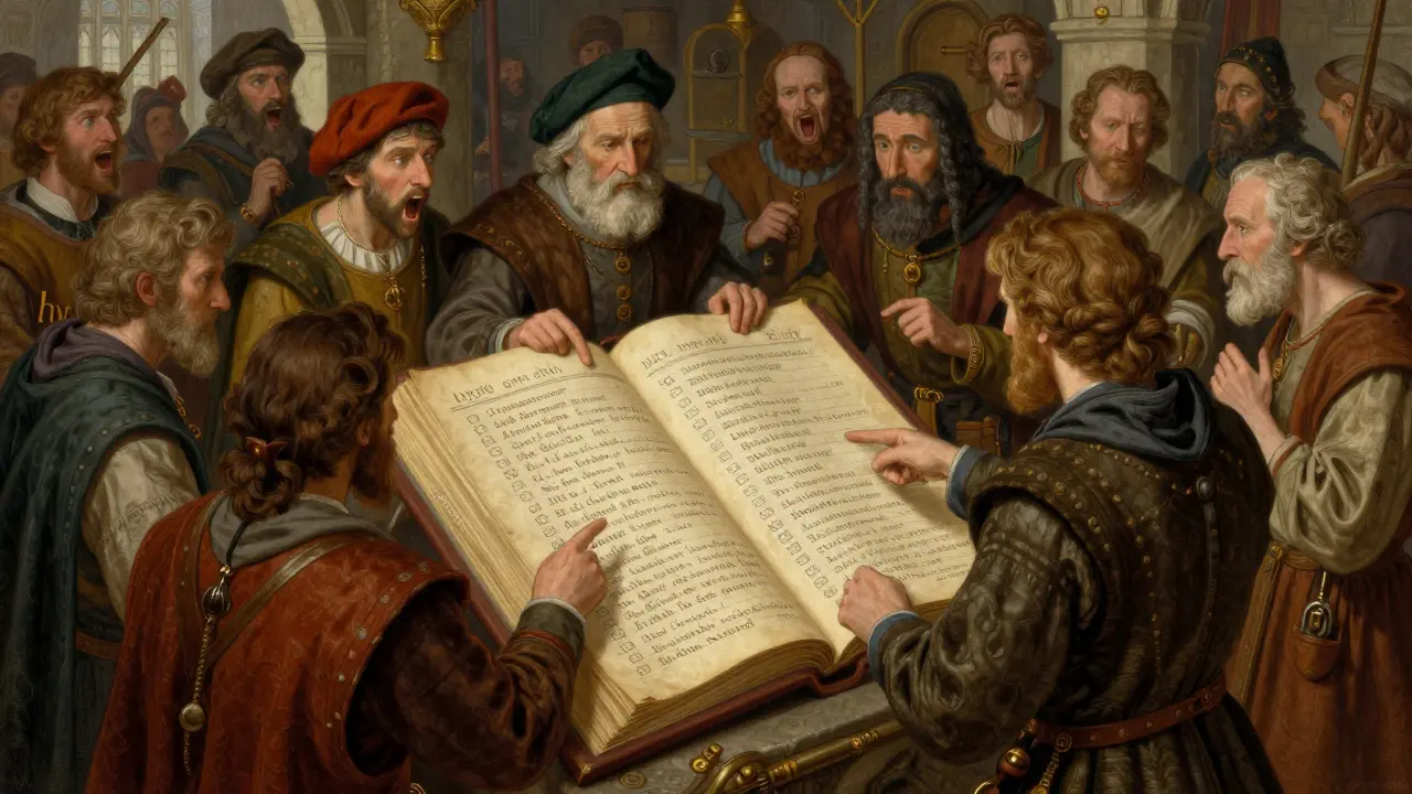 People examining a large stone ledger in a medieval-style guild hall.