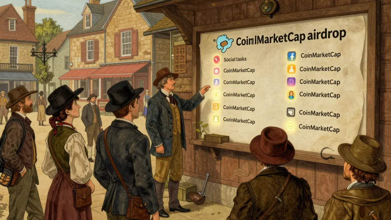 People in period clothing gathered around a proclamation board with digital icons.