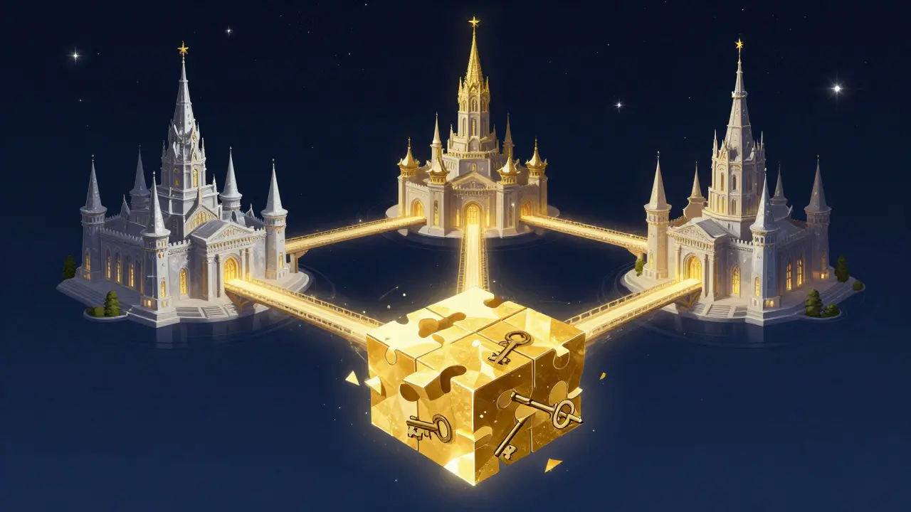 Three technological citadels connected by light bridges in a starry landscape.