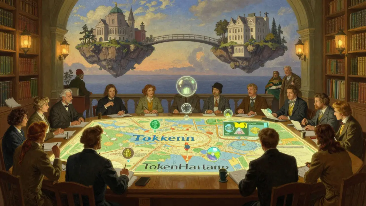 Traders analyzing a glowing asset map in a grand historical library, representing the ZKSwap DeFi hub.