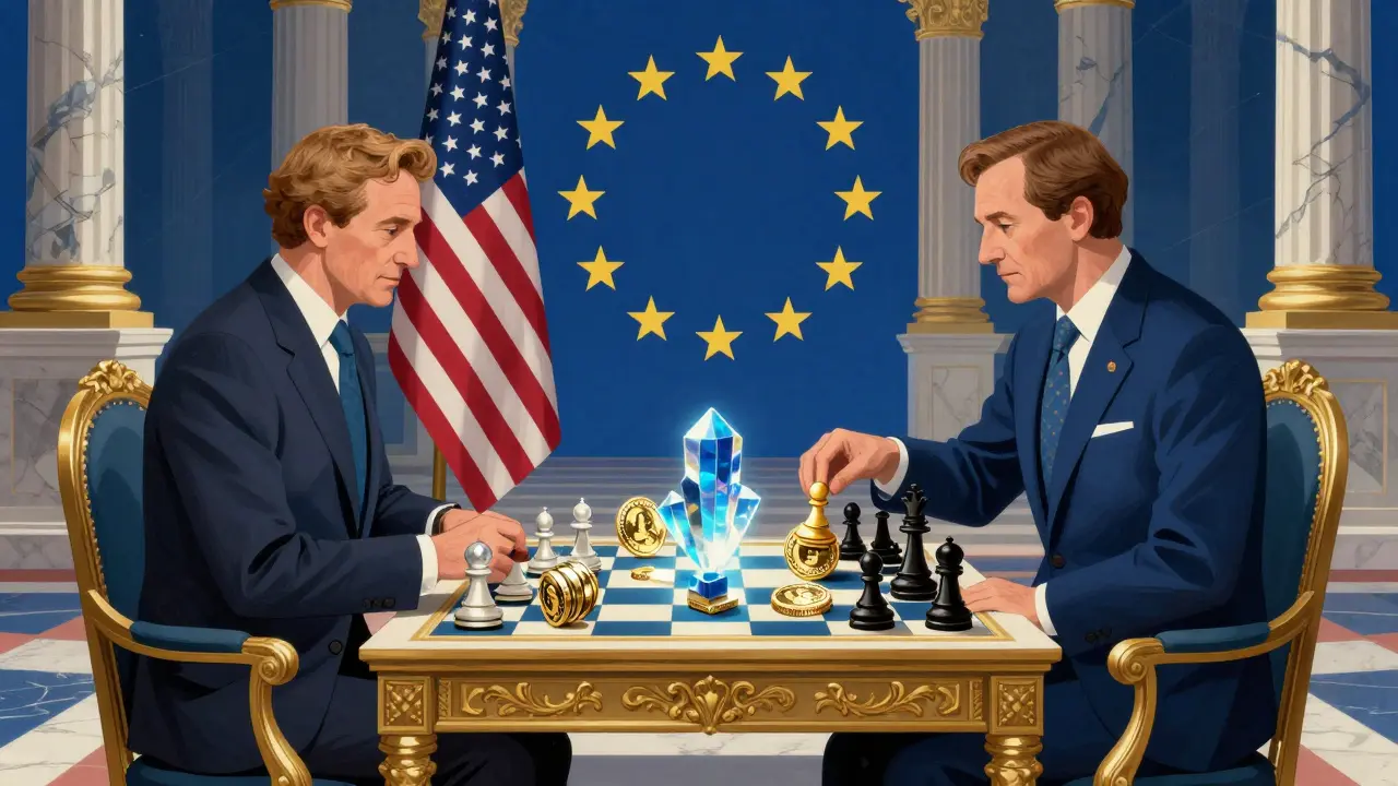 Two figures playing a strategic game with digital assets on a grand chess table in a marble hall.