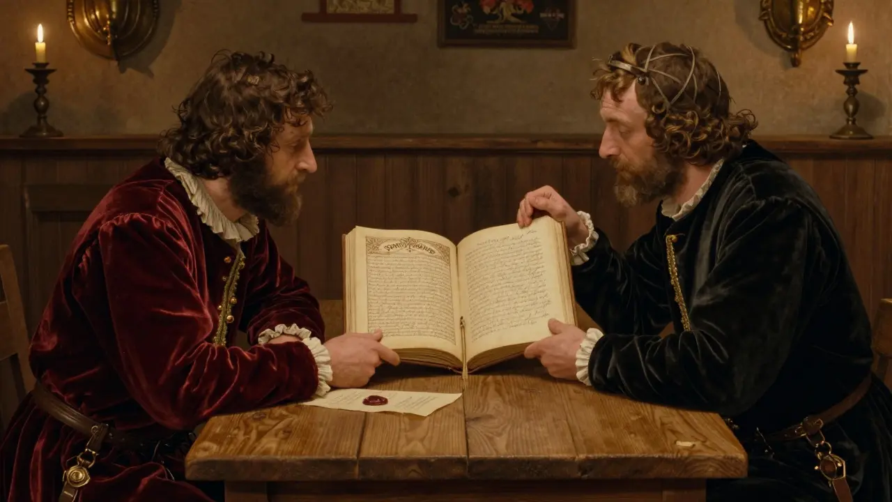 Two merchants in a candle-lit tavern agreeing on a shared ledger with signed documents.
