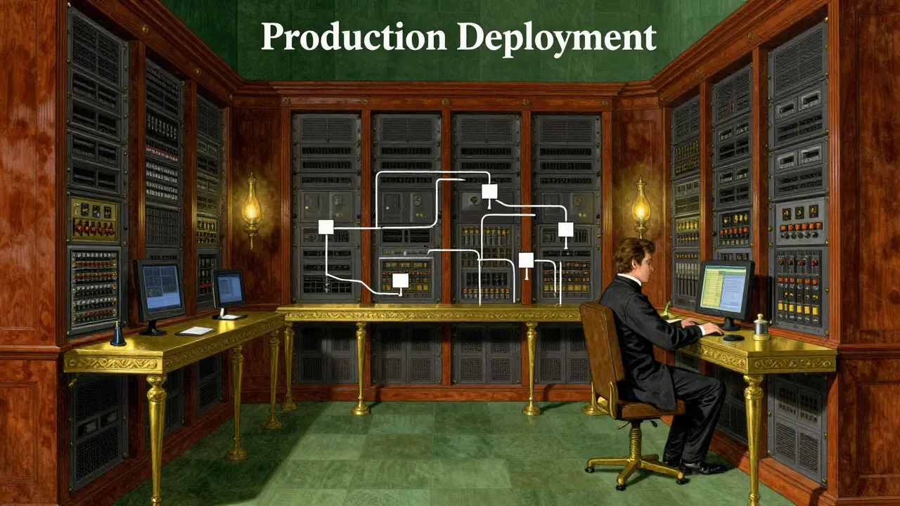 Victorian-style server room with brass machinery representing professional blockchain node deployment.