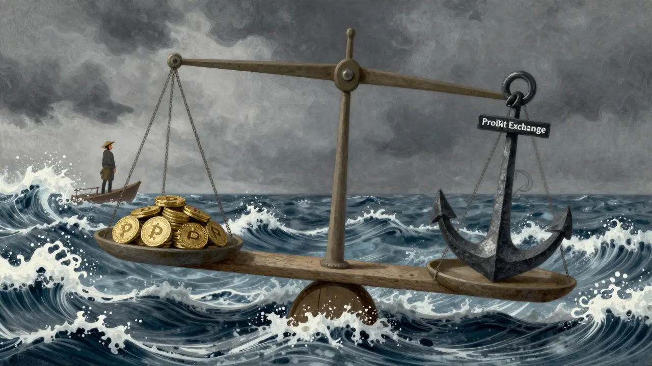 A balance scale weighing PROB tokens against an anchor over a stormy sea.