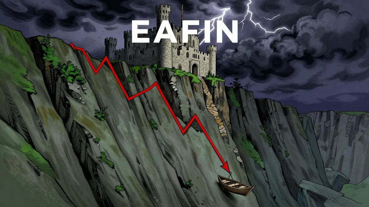 A boat drifting in a chasm below a crumbling castle, symbolizing price crash.