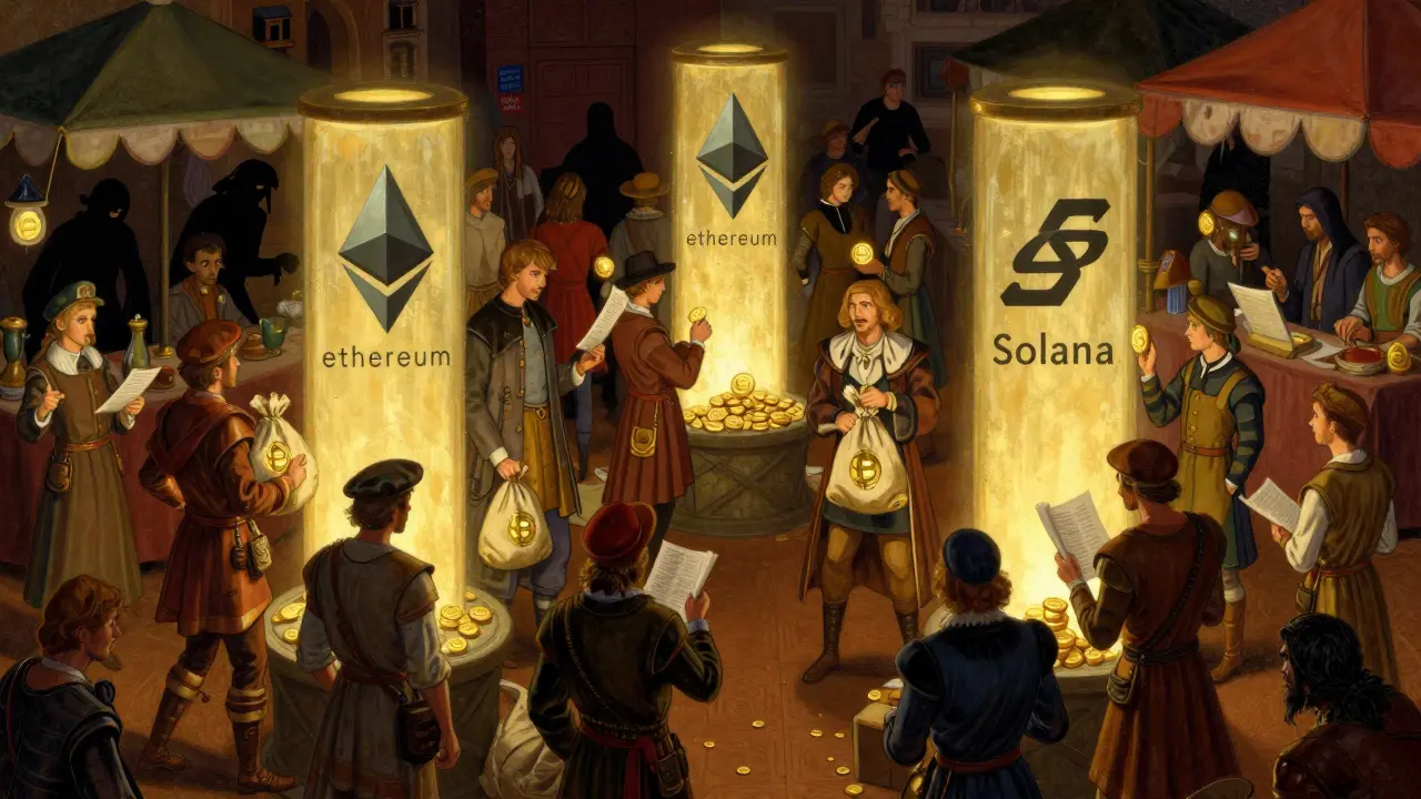 A busy marketplace with traders and hidden scammers in classic adventure illustration style.