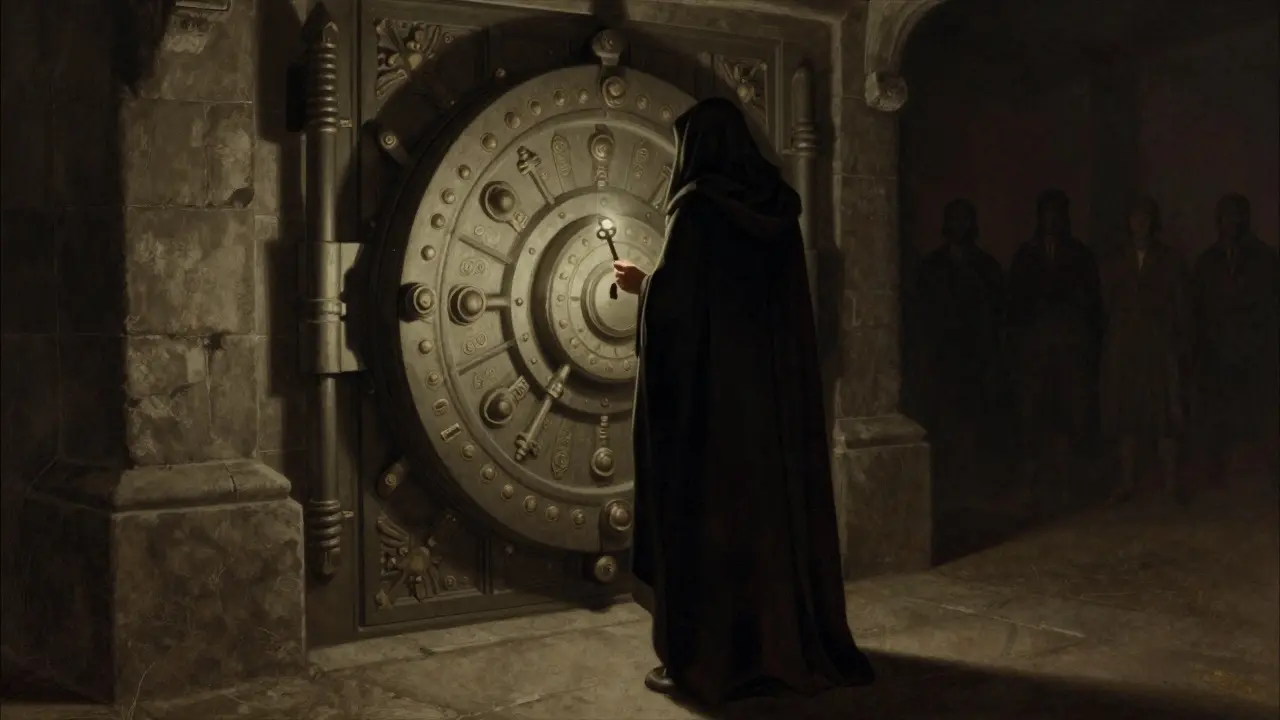 A cloaked figure holding a light key before a vault, representing anonymity and investment risk.