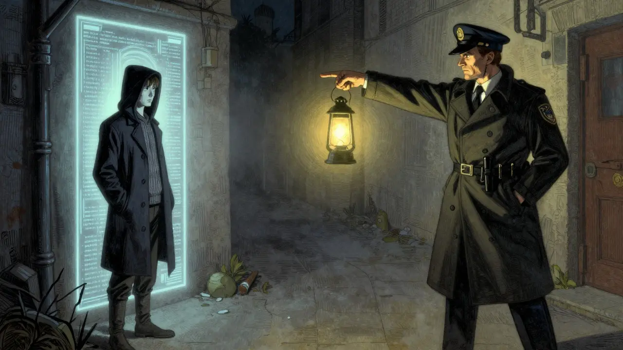 A developer stands near freed code while an officer points accusingly, showing ongoing creator liability.